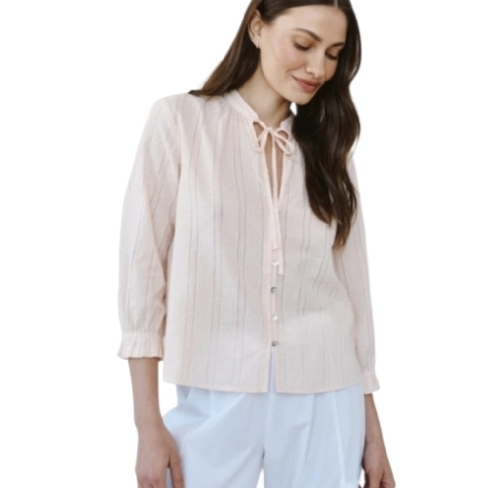 Bella Dahl 3/4 Sleeve Tie Neck Blouse Light Pink Bohemian Top Luxury Summer